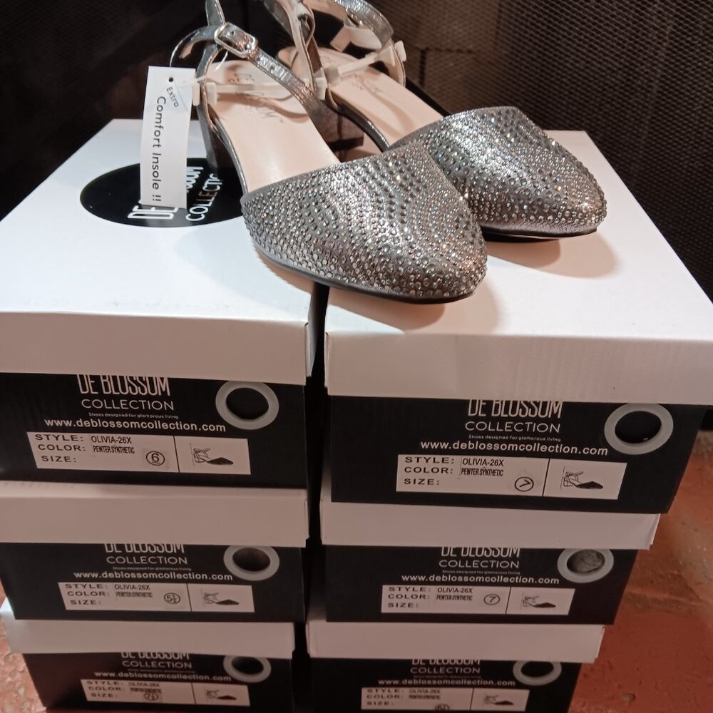 entire case of De Blossom Celina silver sparkly glitter chunky heel NEW 12 pairs